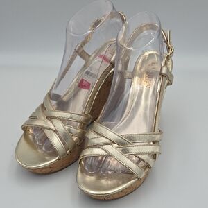 Ralph Lauren Gold Metallic Cork Wedge Heel Sandals Size 8.5 Strappy with Buckle